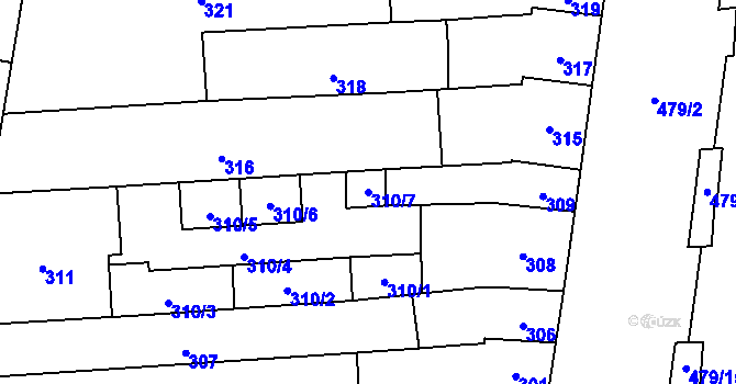 Parcela st. 310/7 v KÚ Maloměřice, Katastrální mapa