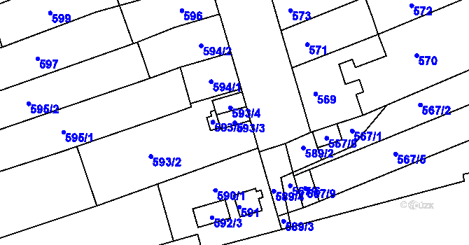 Parcela st. 593/3 v KÚ Maloměřice, Katastrální mapa