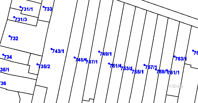 Parcela st. 749/1 v KÚ Maloměřice, Katastrální mapa