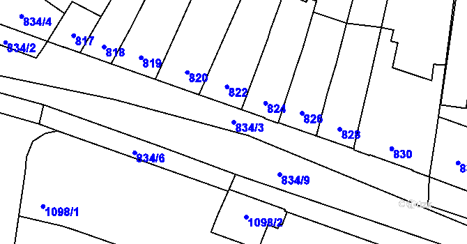 Parcela st. 834/3 v KÚ Maloměřice, Katastrální mapa