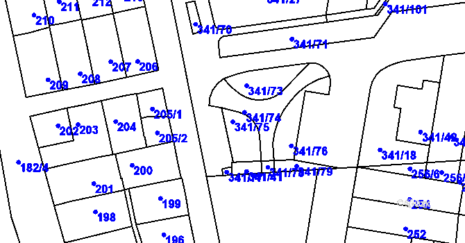 Parcela st. 341/75 v KÚ Maloměřice, Katastrální mapa