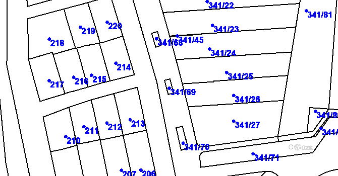 Parcela st. 341/69 v KÚ Maloměřice, Katastrální mapa