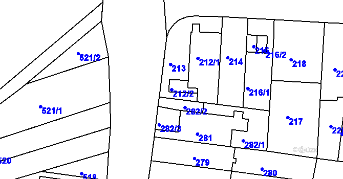 Parcela st. 212/2 v KÚ Obřany, Katastrální mapa