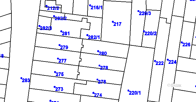 Parcela st. 280 v KÚ Obřany, Katastrální mapa