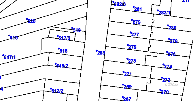 Parcela st. 283 v KÚ Obřany, Katastrální mapa
