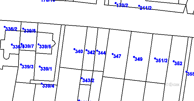 Parcela st. 344 v KÚ Obřany, Katastrální mapa