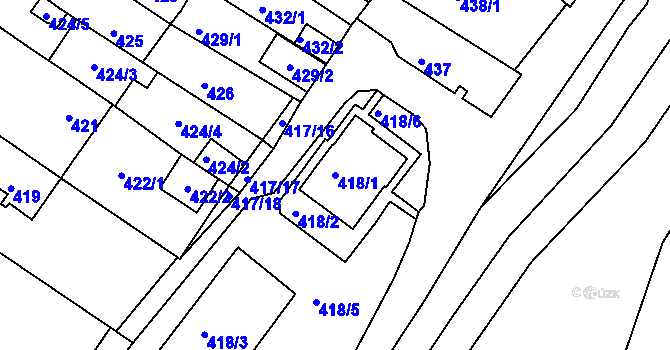 Parcela st. 418/1 v KÚ Obřany, Katastrální mapa