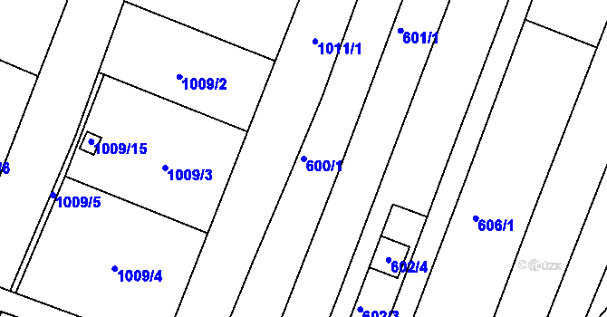Parcela st. 600/1 v KÚ Obřany, Katastrální mapa