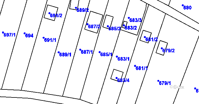 Parcela st. 685/1 v KÚ Obřany, Katastrální mapa