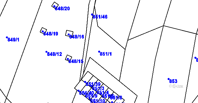 Parcela st. 851/1 v KÚ Obřany, Katastrální mapa