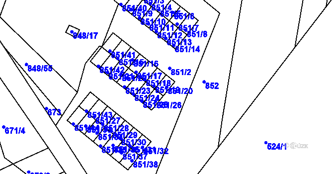 Parcela st. 851/20 v KÚ Obřany, Katastrální mapa
