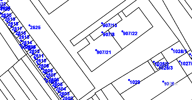 Parcela st. 907/21 v KÚ Obřany, Katastrální mapa
