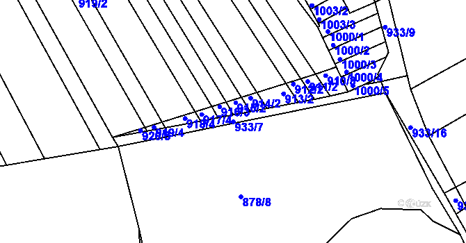 Parcela st. 933/7 v KÚ Obřany, Katastrální mapa