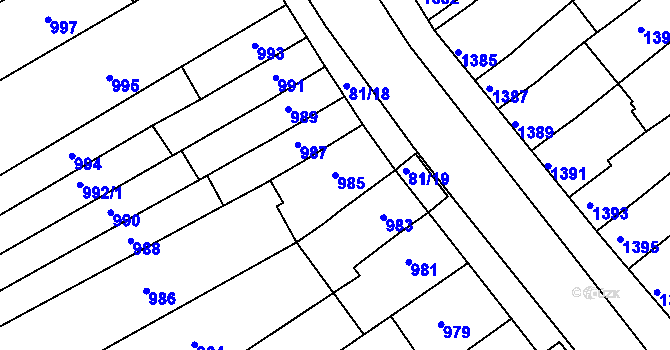 Parcela st. 985 v KÚ Obřany, Katastrální mapa