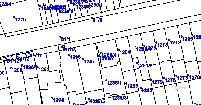 Parcela st. 1288/4 v KÚ Obřany, Katastrální mapa