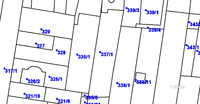 Parcela st. 337/1 v KÚ Obřany, Katastrální mapa