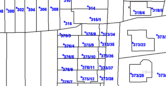 Parcela st. 375/9 v KÚ Obřany, Katastrální mapa