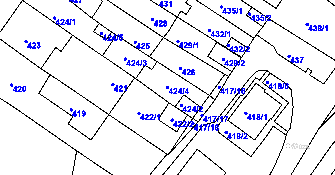 Parcela st. 424/4 v KÚ Obřany, Katastrální mapa
