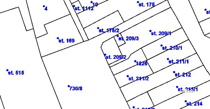 Parcela st. 209/2 v KÚ Broumov, Katastrální mapa