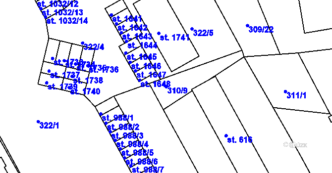 Parcela st. 310/9 v KÚ Broumov, Katastrální mapa