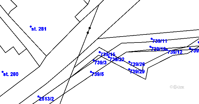 Parcela st. 739/15 v KÚ Rožmitál, Katastrální mapa