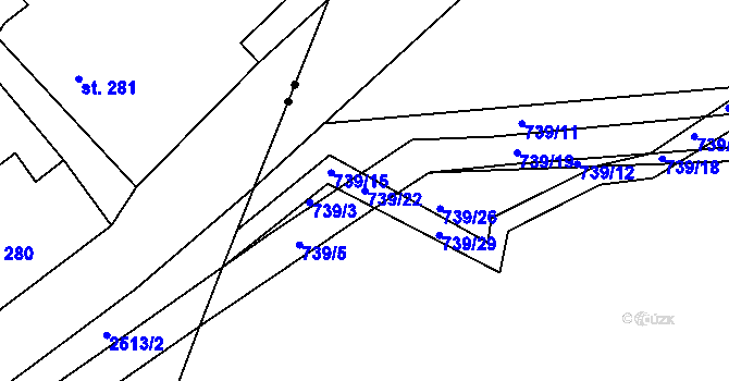 Parcela st. 739/22 v KÚ Rožmitál, Katastrální mapa
