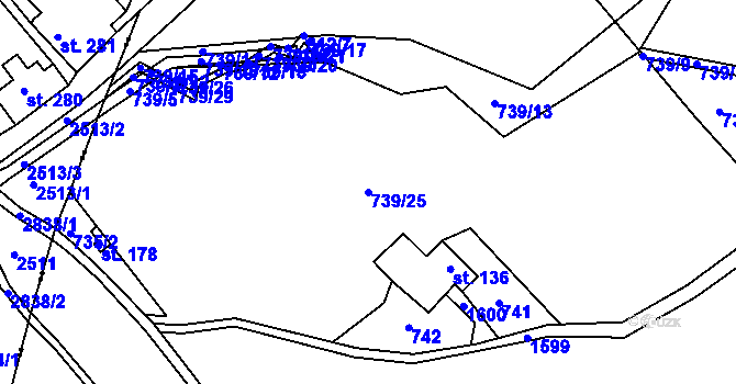 Parcela st. 739/25 v KÚ Rožmitál, Katastrální mapa