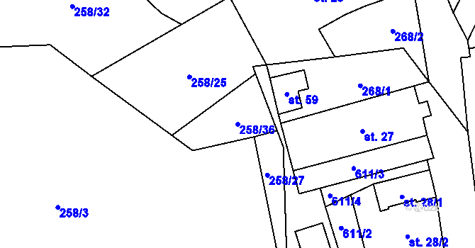 Parcela st. 258/36 v KÚ Broumovice, Katastrální mapa