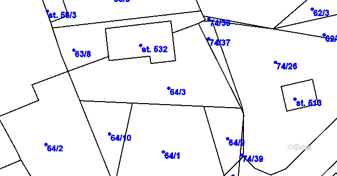 Parcela st. 64/3 v KÚ Broumy, Katastrální mapa