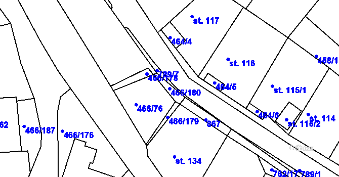 Parcela st. 466/180 v KÚ Broumy, Katastrální mapa