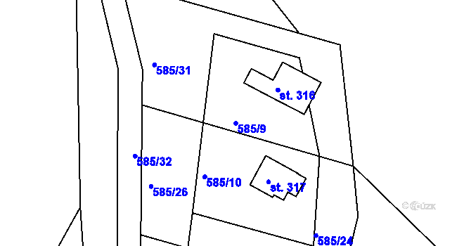 Parcela st. 585/9 v KÚ Broumy, Katastrální mapa