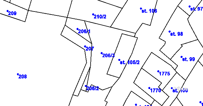 Parcela st. 206/3 v KÚ Brozany nad Ohří, Katastrální mapa