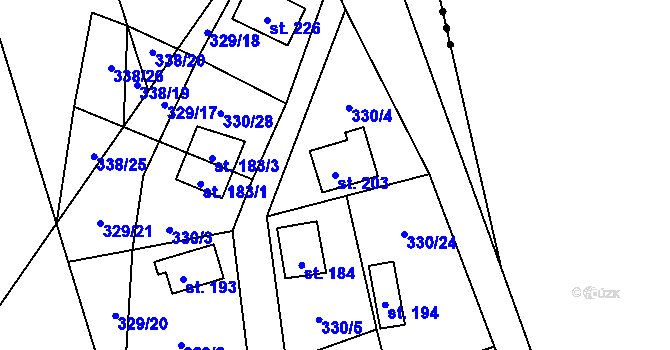 Parcela st. 203 v KÚ Hostěnice u Brozan, Katastrální mapa