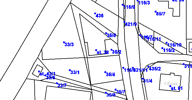 Parcela st. 38 v KÚ Brteč, Katastrální mapa