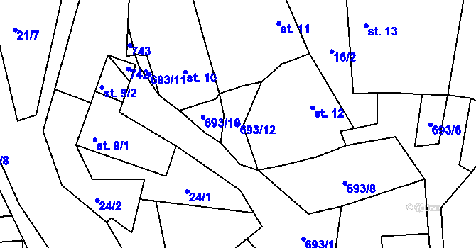 Parcela st. 693/12 v KÚ Brtná, Katastrální mapa