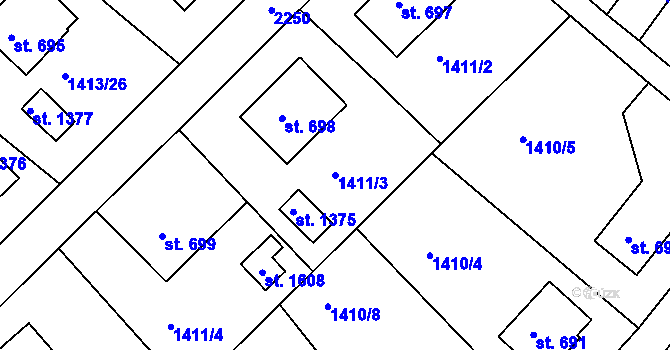 Parcela st. 1411/3 v KÚ Brtnice, Katastrální mapa