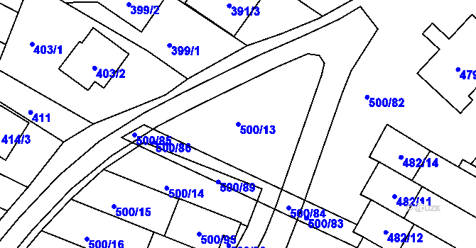 Parcela st. 500/13 v KÚ Bylnice, Katastrální mapa