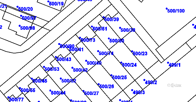 Parcela st. 500/74 v KÚ Bylnice, Katastrální mapa