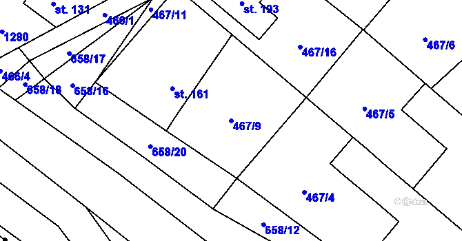 Parcela st. 467/9 v KÚ Brusné, Katastrální mapa