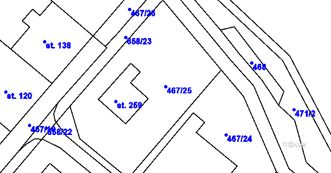 Parcela st. 467/25 v KÚ Brusné, Katastrální mapa