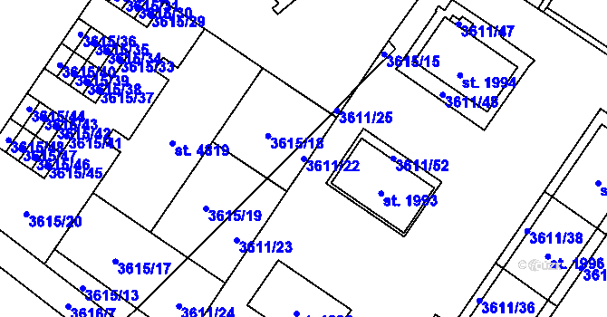 Parcela st. 3611/22 v KÚ Břeclav, Katastrální mapa