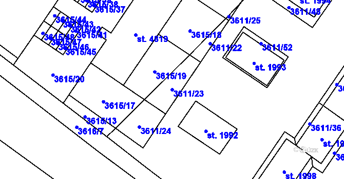 Parcela st. 3611/23 v KÚ Břeclav, Katastrální mapa