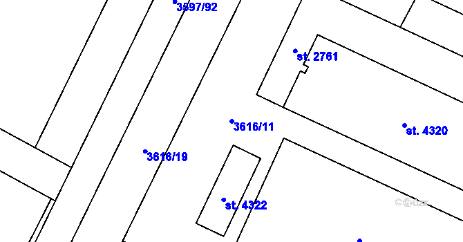Parcela st. 3616/11 v KÚ Břeclav, Katastrální mapa