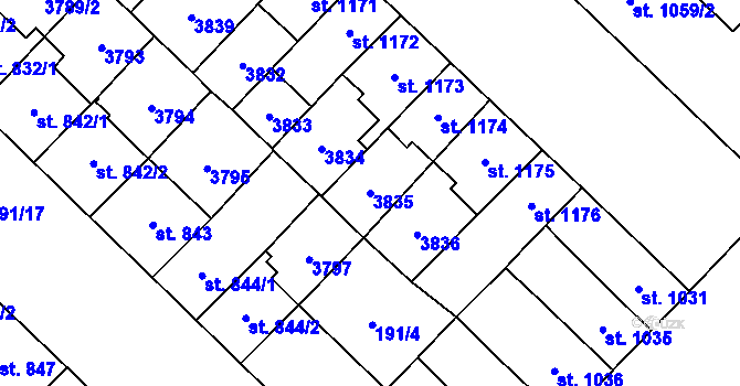 Parcela st. 3835 v KÚ Břeclav, Katastrální mapa