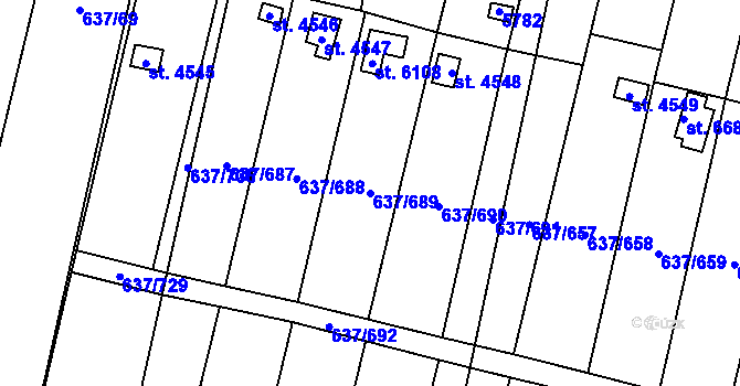 Parcela st. 637/689 v KÚ Břeclav, Katastrální mapa