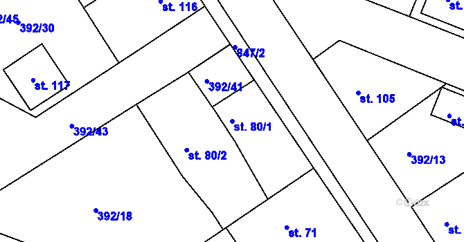 Parcela st. 80/1 v KÚ Břehy, Katastrální mapa