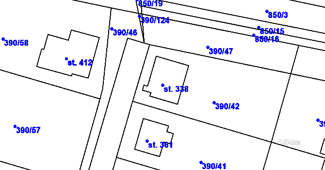Parcela st. 338 v KÚ Břehy, Katastrální mapa