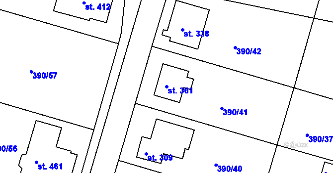 Parcela st. 361 v KÚ Břehy, Katastrální mapa