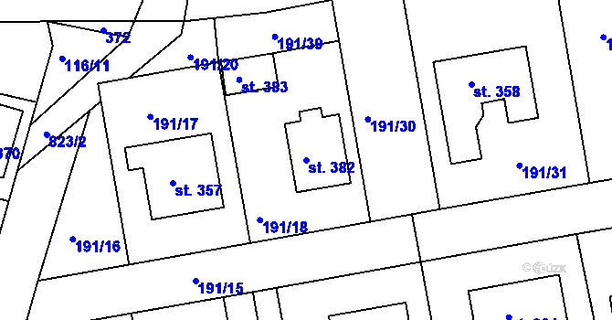 Parcela st. 382 v KÚ Břehy, Katastrální mapa