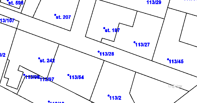 Parcela st. 113/28 v KÚ Břehy, Katastrální mapa